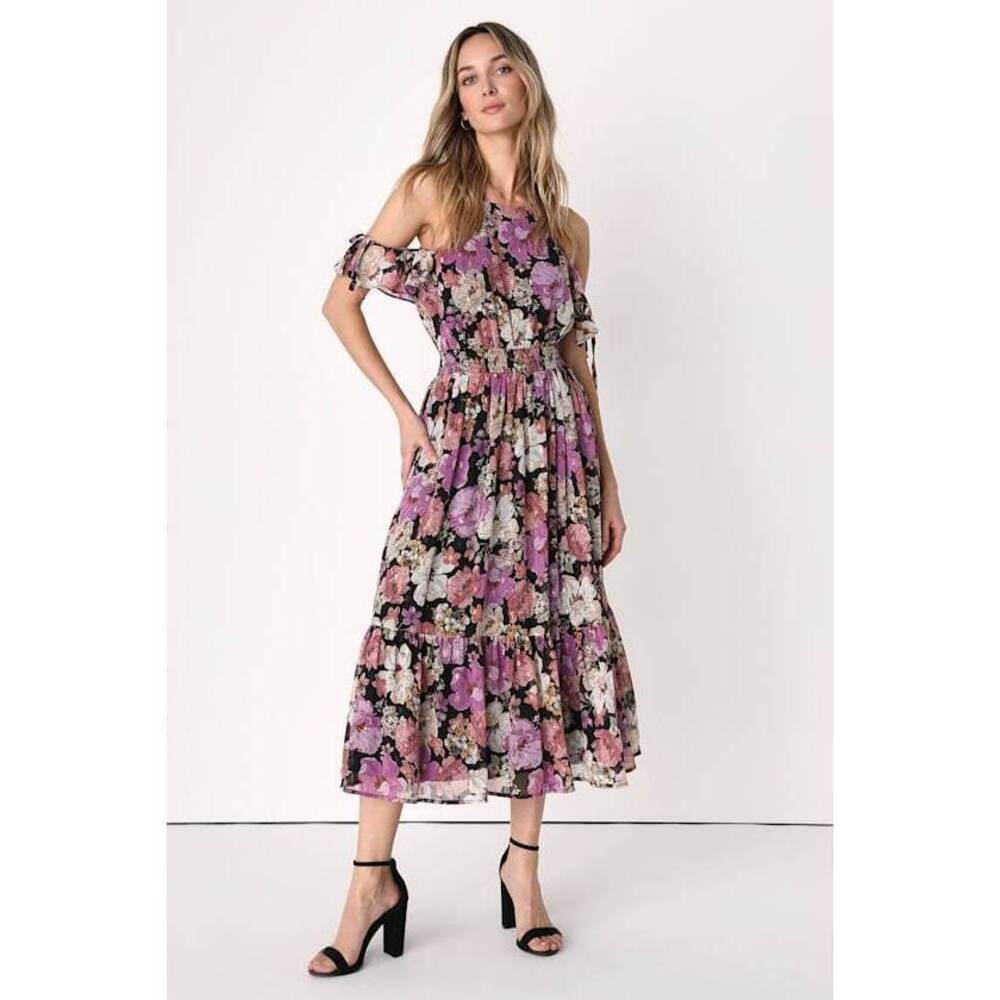 Lulus Blooming Aspiration Black Multi Floral Cold-shoulder Midi Dress - Size XS